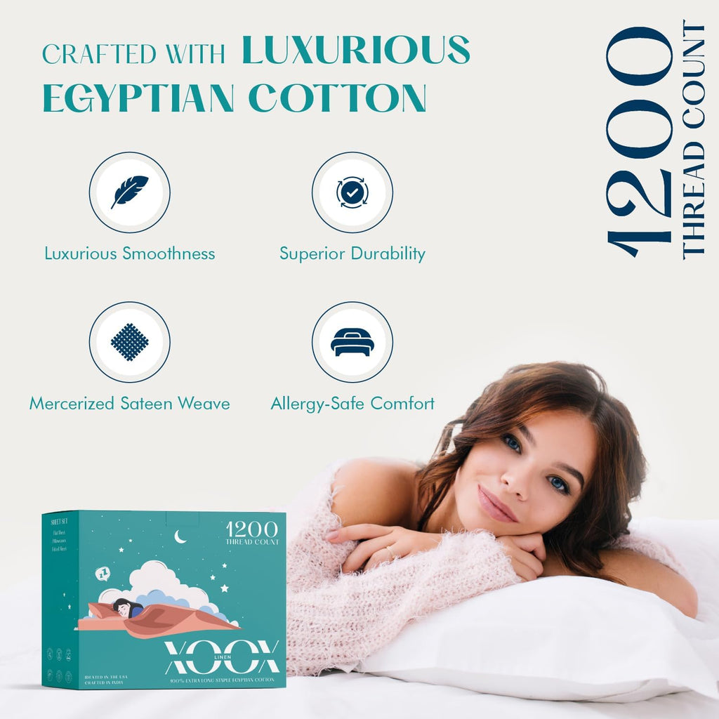 XOOX Linen 100% Egyptian Cotton Sheets Queen Size - 1200 Thread Count Queen Size Sheets Set Egyptian Cotton, 4 PC Luxury Bedsheet (Navy Blue), Soft, Cooling, 17' Deep Pocket Sateen Weave Bedsheet Set