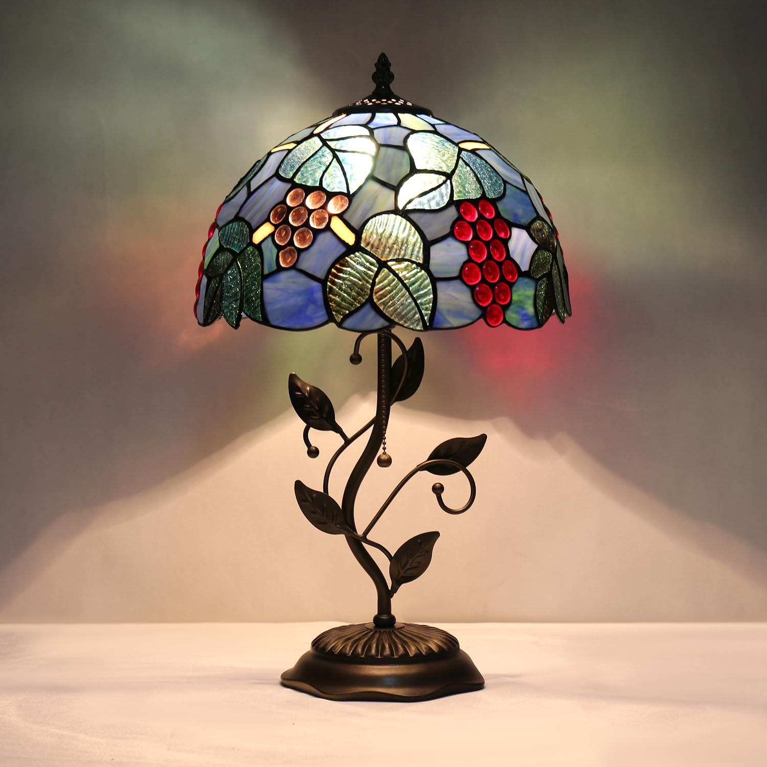Tiffany Stained Glass Table Lamp with Grape Design, Metal Leaf Base, 12x12x19 Inch, for Bedroom, Living Room, Home, Office