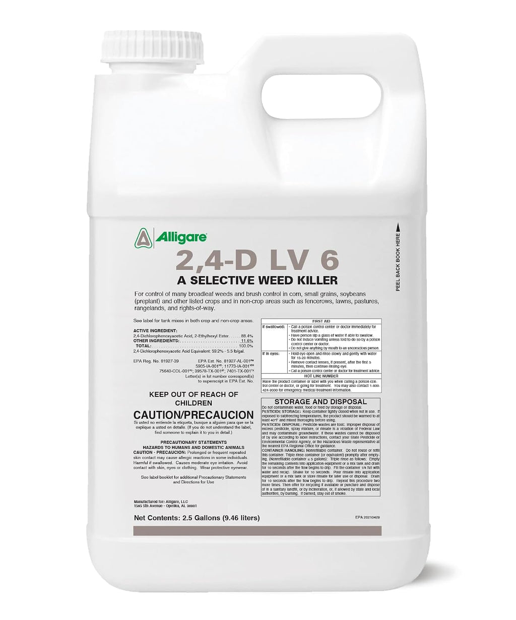 Alligare LV 6 2,4-D Selective Weed Killer Concentrate - Post-Emergent Herbicides to Control Broadleaf Weeds/Brush in Corn, Soybeans (Preplant) & Rights-of-Way - 88.4% Active Ingredient - 2.5 Gallons