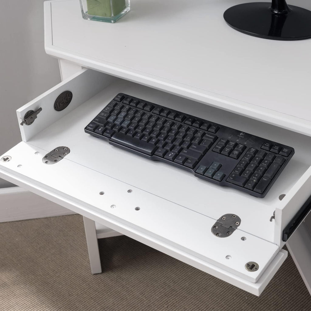 Leick Home Sage Corner Office Desk, Solid Wood, with Drop Front Keyboard Drawer, White, 85430