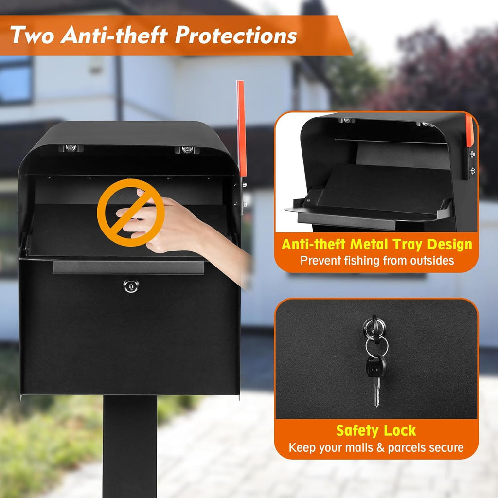 Extra Large Locking Mailbox with Post for Outside, Heavy Duty Base Plate Included, 21.6' x 11.8' x 16.5' XL Metal Mailbox and Post Combo, Weather-Resistant, Easy Assembly, Black
