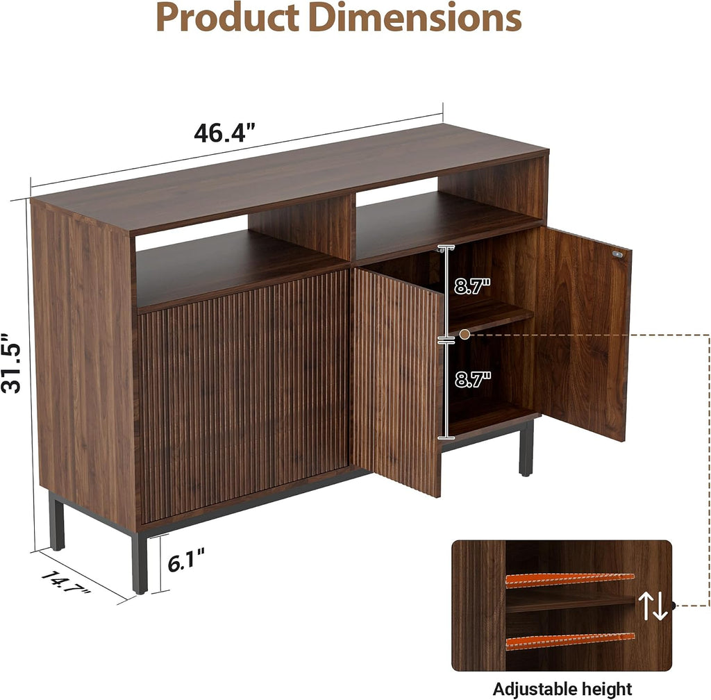 Mericonia Farmhouse Buffet Sideboard Cabinet with Storage, Fluted Coffee Bar with Doors and Adjustable Shelves, Modern Wood Console Cabinet for Kitchen, Livingroom (Fluted 4 Door, Walnut)