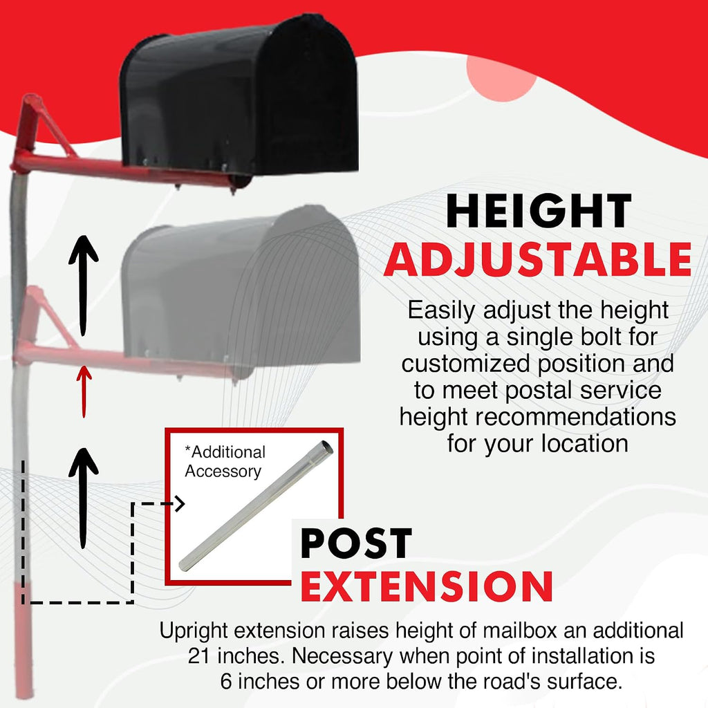Mailbox Support Post with Swinging Boom Arm, No Dig Post, Galvanized Steel, Ideal for Both Rural and Residential, for All Mailbox Types (Accessories Sold Separatey), Made in The USA (Red)