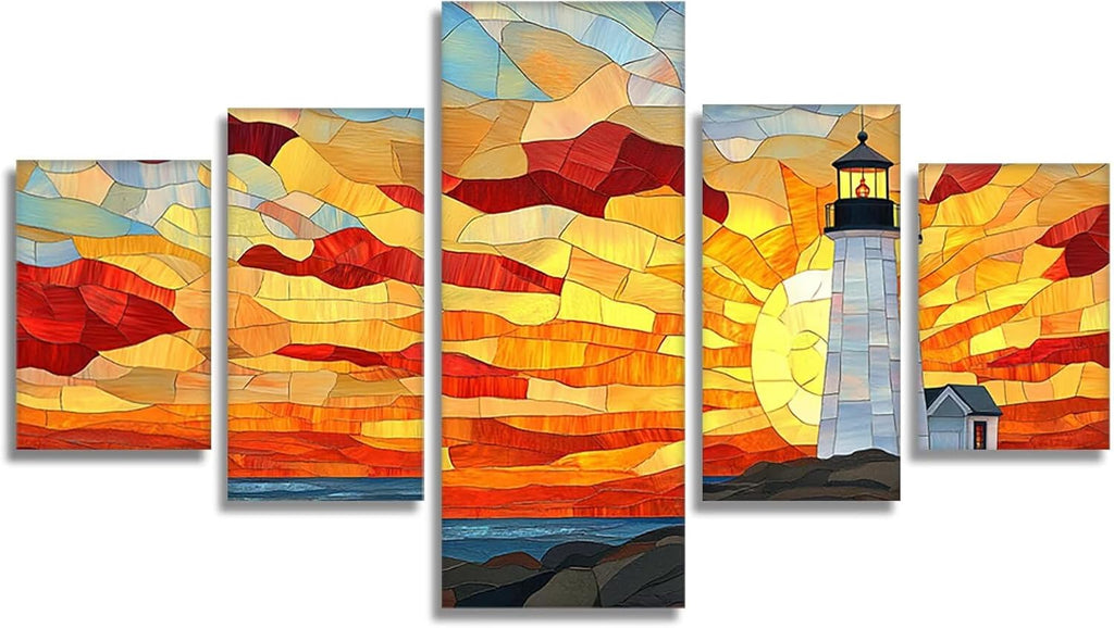 Lighthouse Diamond Art 5 Piece Diamond Painting Landscape 5D Full Square Drill Dimond Art Paintings Crystal Crafts for Adults Gem Painting for Home Decor, Large Artwork for Wall 36 x 70 Inch, Model144