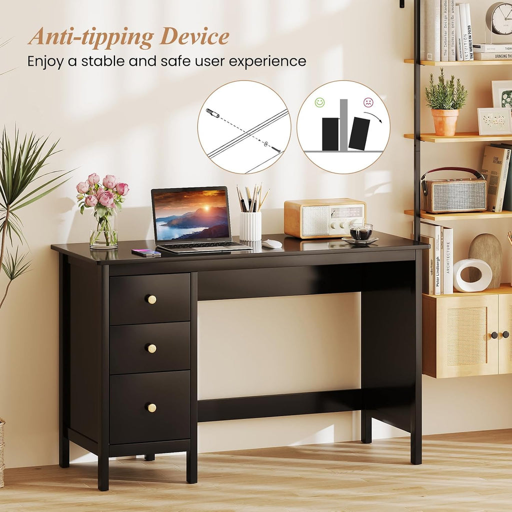 Giantex Black Desk with Drawers, 48 Inch Home Office Desk with Anti-Toppling Device, Multifunctional Computer Workstation, Wood Study Writing Desk for Small Spaces, Bedroom