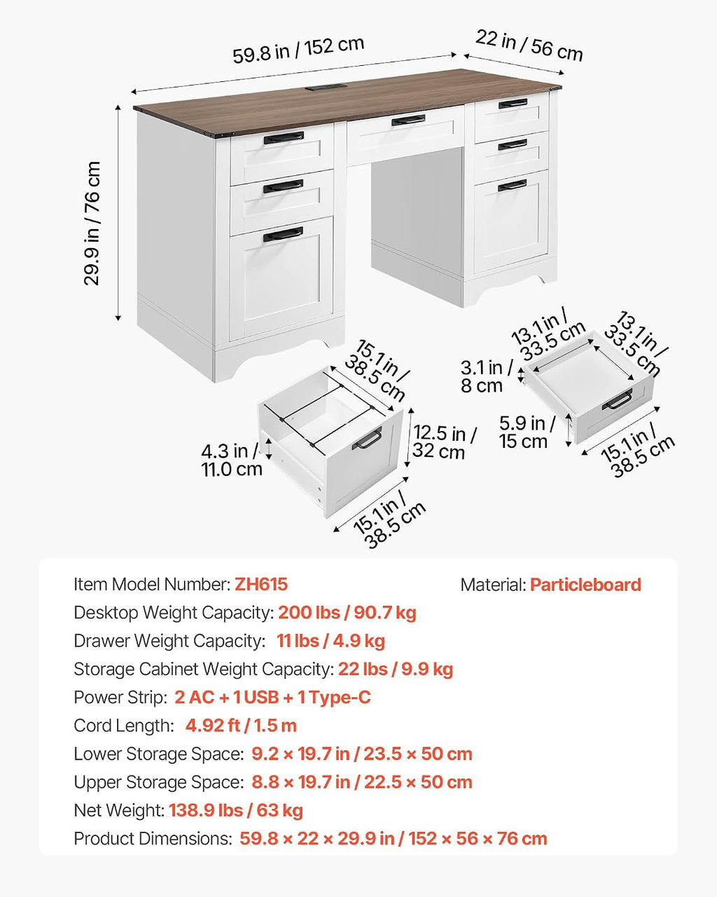 VEVOR 60' Executive Desk with Drawers, Farmhouse Home Office Desk with Charge Station, Keyboard Tray, File Storage Cabinet, 200 LBS Load Capacity Wood Table, Easy Assembly, for Work Study, Walnut