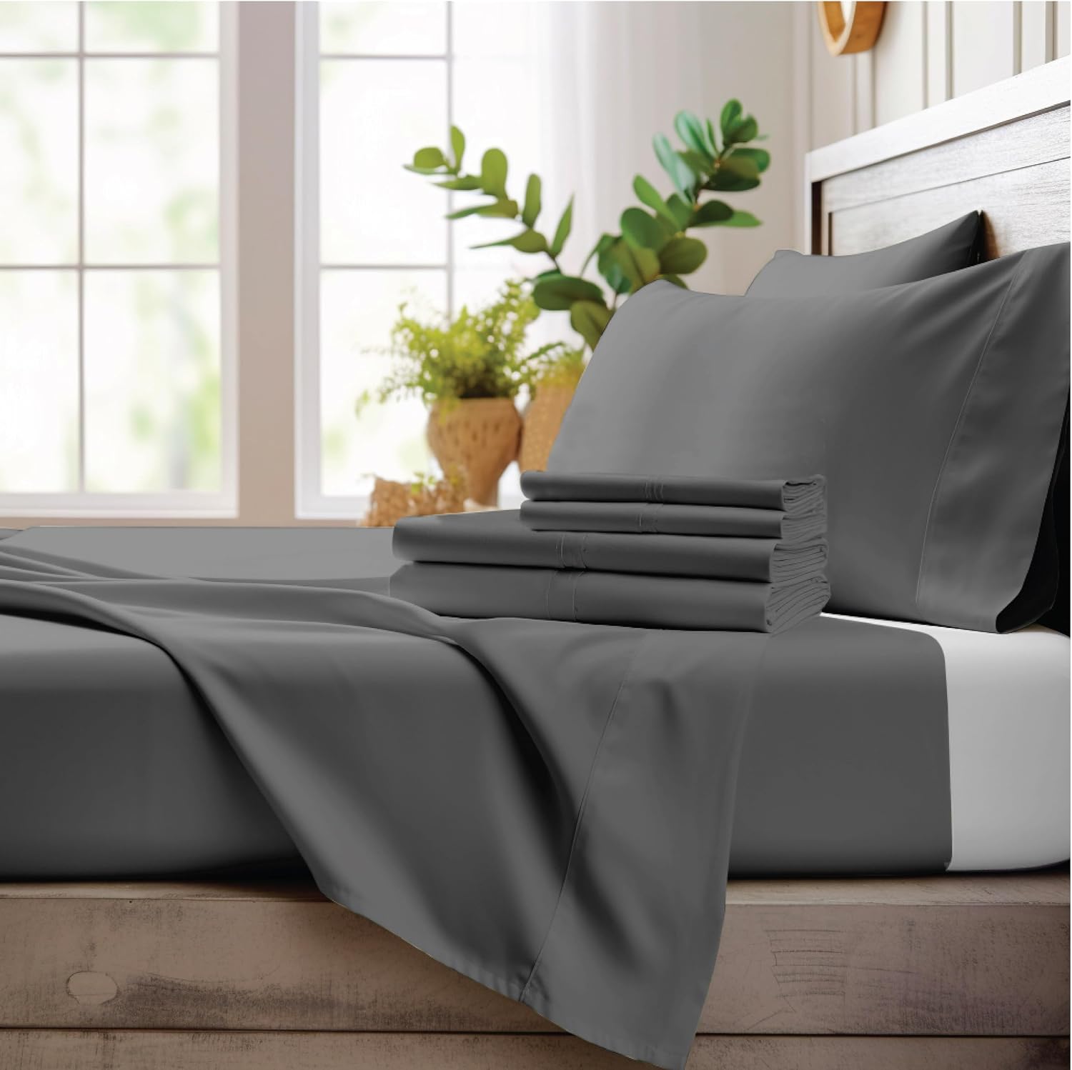 Bamboo Bay 4 Piece Queen Size Sheet Set, 100% Viscose Made from Bamboo, Breathable, Ultra Soft Cooling Bed Sheets for Hot Sleepers, Beddings with Deep Pockets Fit 16' Mattress, Dark Grey