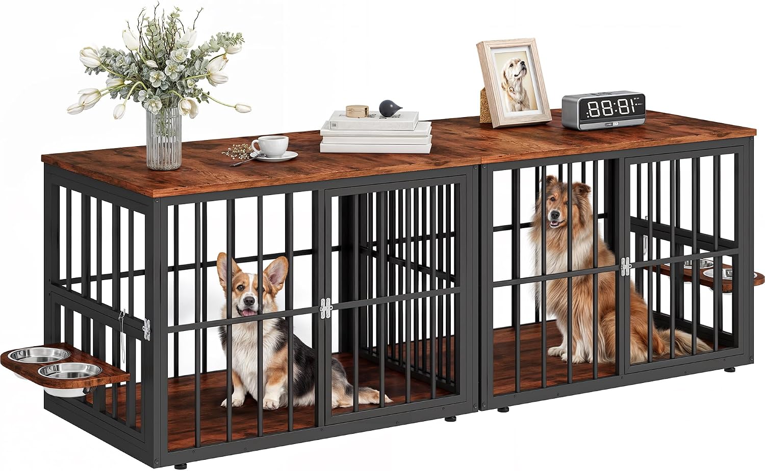 YITAHOME 77.6' Large Corner Dog Crate Furniture for 2 Dogs, Steel Frame Cage with Double Doors & Bowls & 3 Doors, Double Dog Crate Furniture TV Stand for Medium Large Dogs, Brown
