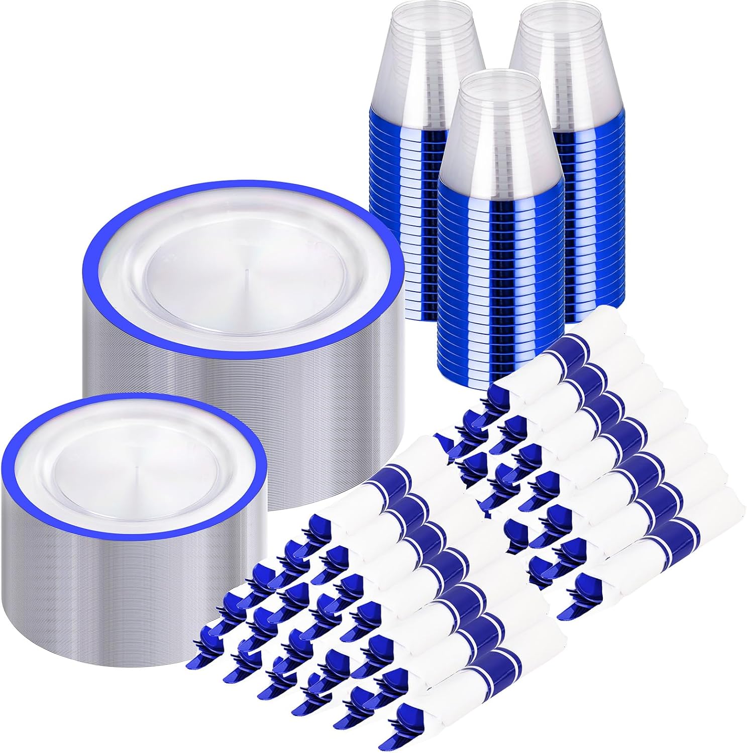 I00000 700 Piece Blue Plastic Dinnerware Set for Party, Clear Disposable Plates for 100 Guests, Include: 100 Dinner Plates, 100 Dessert Plates, 100 Pre Rolled Napkins with Cutlery Set, 100 Cups