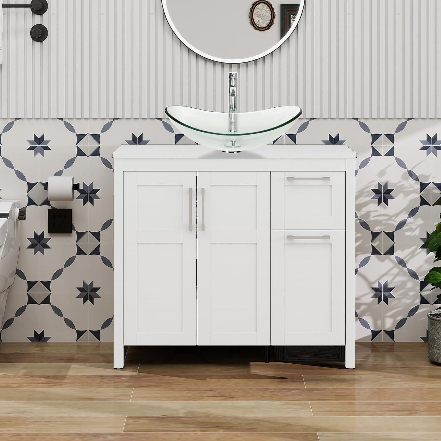 YOURLITE 36 Inches Traditional Bathroom Vanity Set with Single Faucet Hole, Clear Boat Glass Sink, White Finish, 2-Door Cabinet