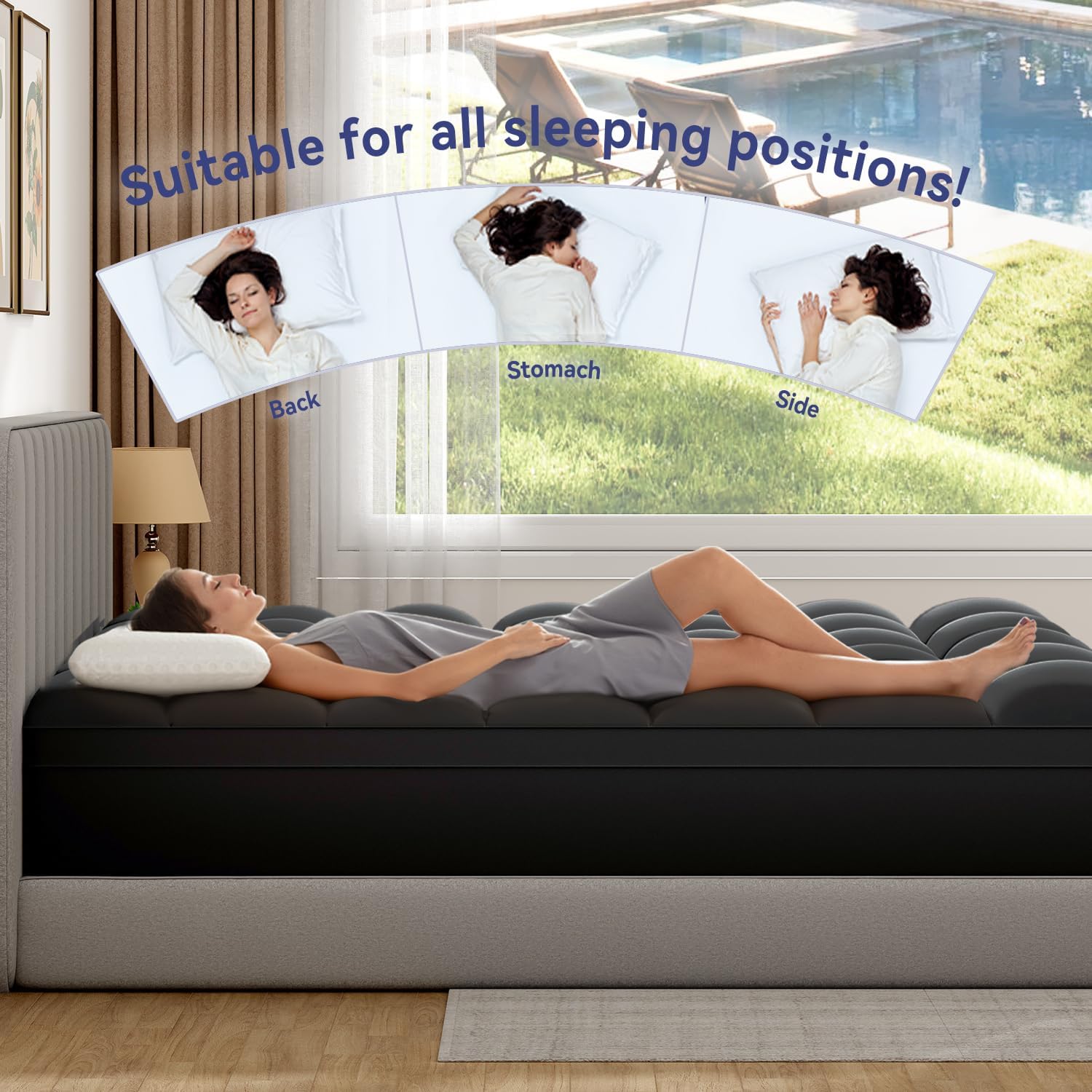 ELEMUSE RV Short Queen Black Mattress Topper for Back Pain, Extra Thick Mattress Pad Cover, Plush Soft Pillowtop with Elastic Deep Pocket, Overfilled Down Alternative Filling