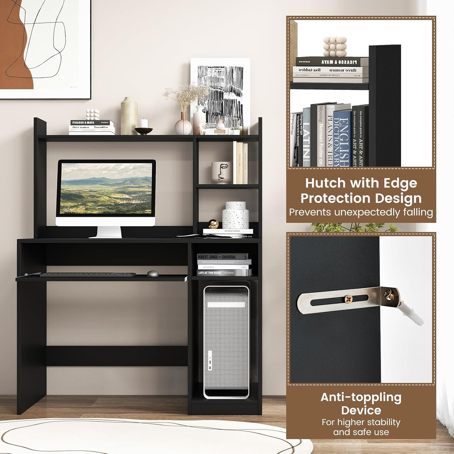Tangkula Computer Desk with Storage Hutch & Charging Station, Home Office Study Writing Desk with Bookshelf, Keyboard Tray & CPU Stand, Modern Laptop PC Desk, Computer Workstation for Study, Bedroom