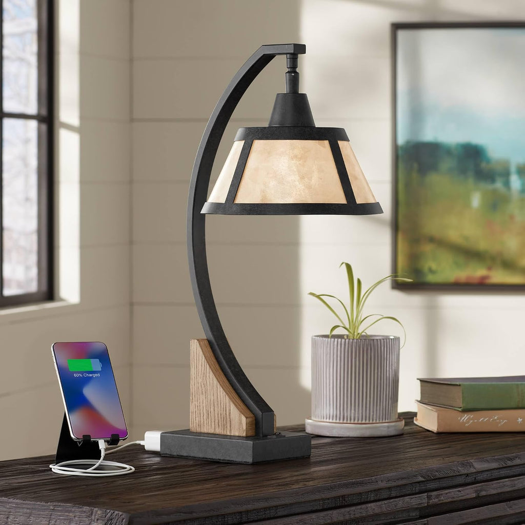 Franklin Iron Works Oak River 22' High Rustic Farmhouse Desk Table Lamp with USB Charging Ports A+C and AC Power Outlet in Base Gray Wash Mica Shade Living Room Bedroom House Bedside Nightstand Home
