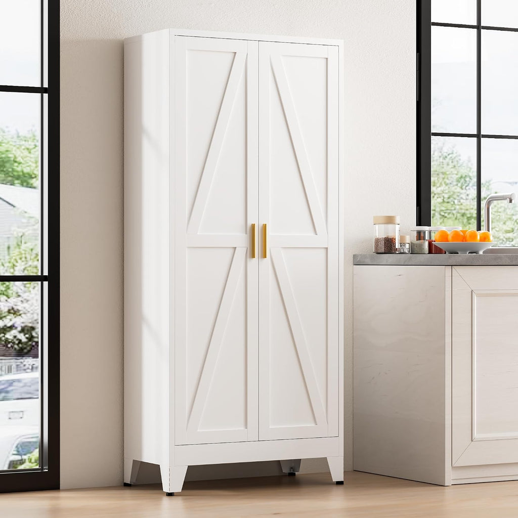 61' Tall Metal Pantry Cabinet, Kitchen Storage Cabinet with 2 Doors and 3 Adjustable Shelves for Kitchen, Living Room, Dining Room, Bathroom and Home, Office (White, 1PC)