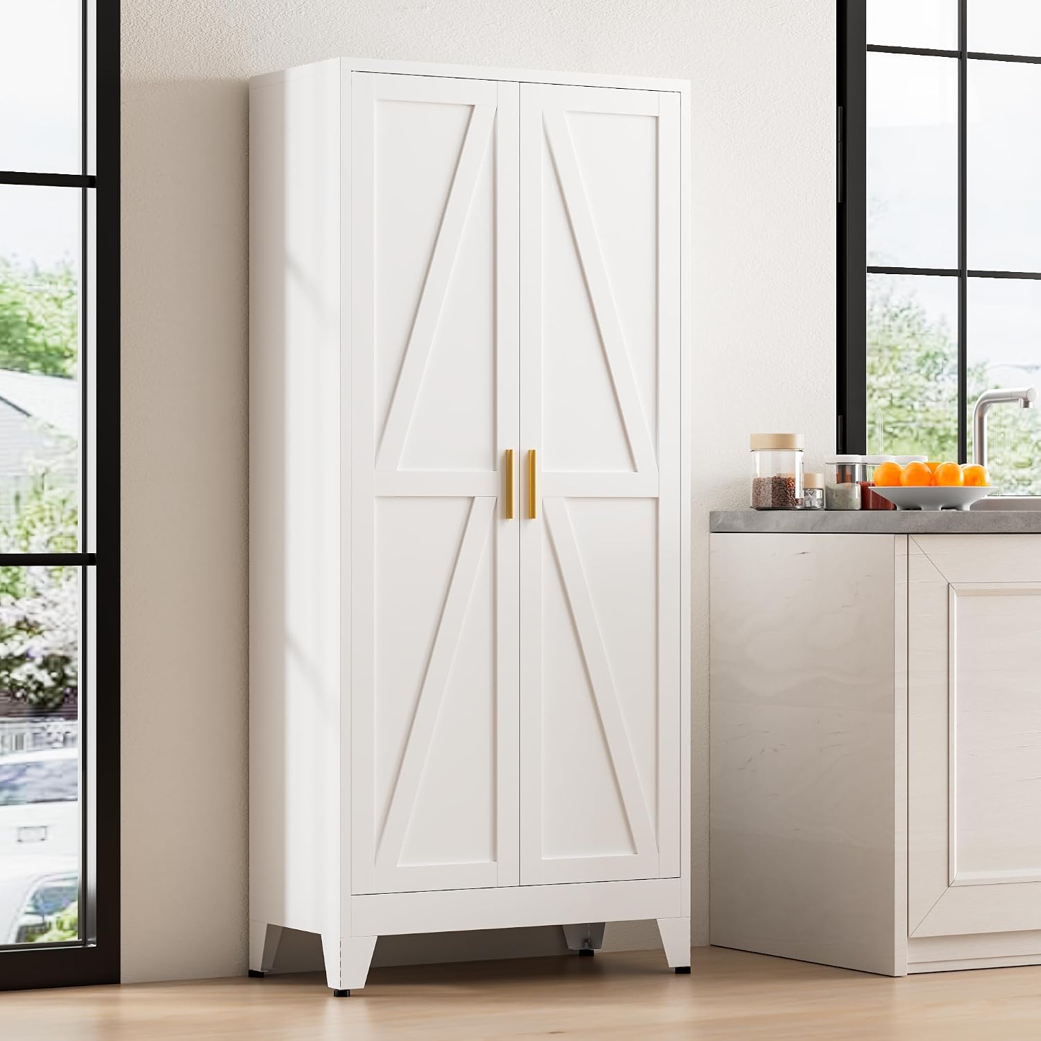 61' Tall Metal Pantry Cabinet, Kitchen Storage Cabinet with 2 Doors and 3 Adjustable Shelves for Kitchen, Living Room, Dining Room, Bathroom and Home, Office (White, 1PC)