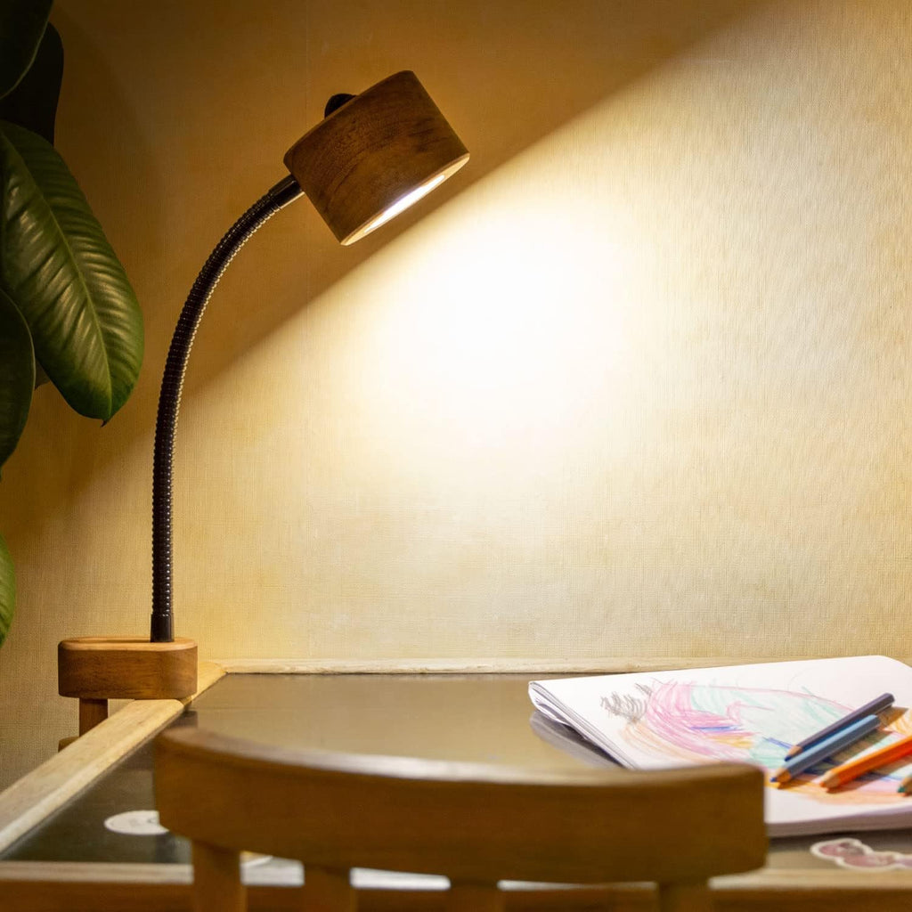 Wooden Bedside Clamp Light - Vintage Wood Led Table Lamp for Reading. Unique Modern Desk Clip Light for Bedroom, Living Room, Office. Mid-Century Scandinavian Design.