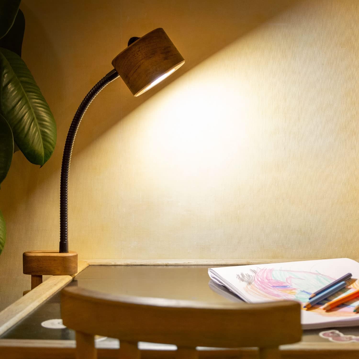 Wooden Bedside Clamp Light - Vintage Wood Led Table Lamp for Reading. Unique Modern Desk Clip Light for Bedroom, Living Room, Office. Mid-Century Scandinavian Design.