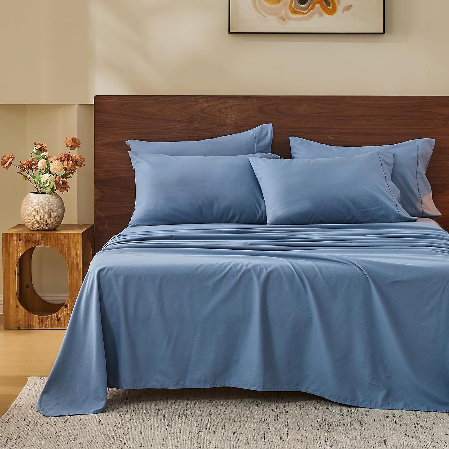 MEISHANG 100% French Pure Linen Sheets King Size - Bed Sheets 4 Piece Sets, Soft Durable Flax Linen, Anti-Tear Breathable Oeko-Tex Certified with 16' Deep Pocket (Dusty Blue)