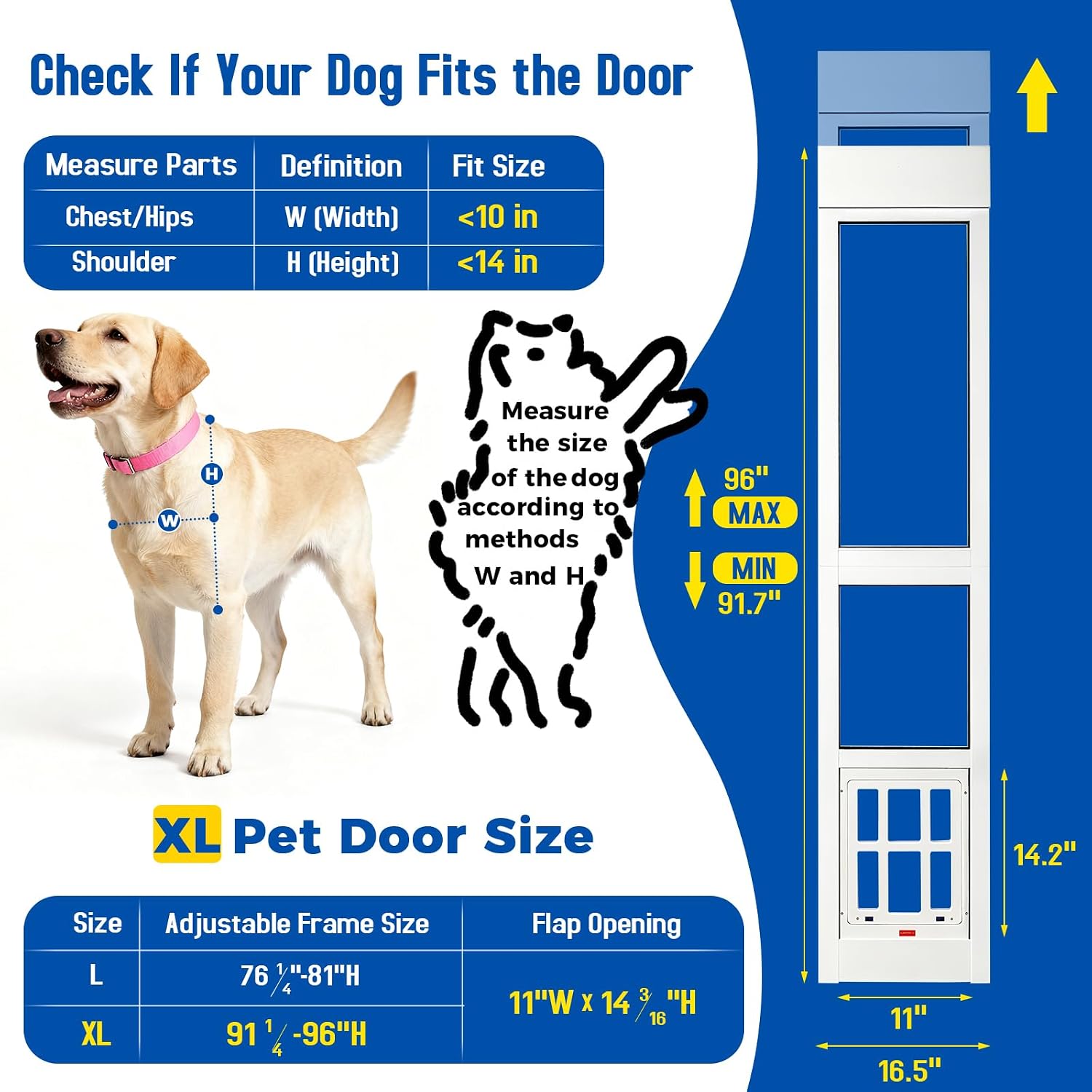 CypherX Dog Door for Sliding Glass Doors, Large Pet Door with Tempered Glass and Heavy-Duty Aluminum Frame, 91' to 96' Adjustable Height Doggy Door with Lockable Acrylic Flap, Easy to Install