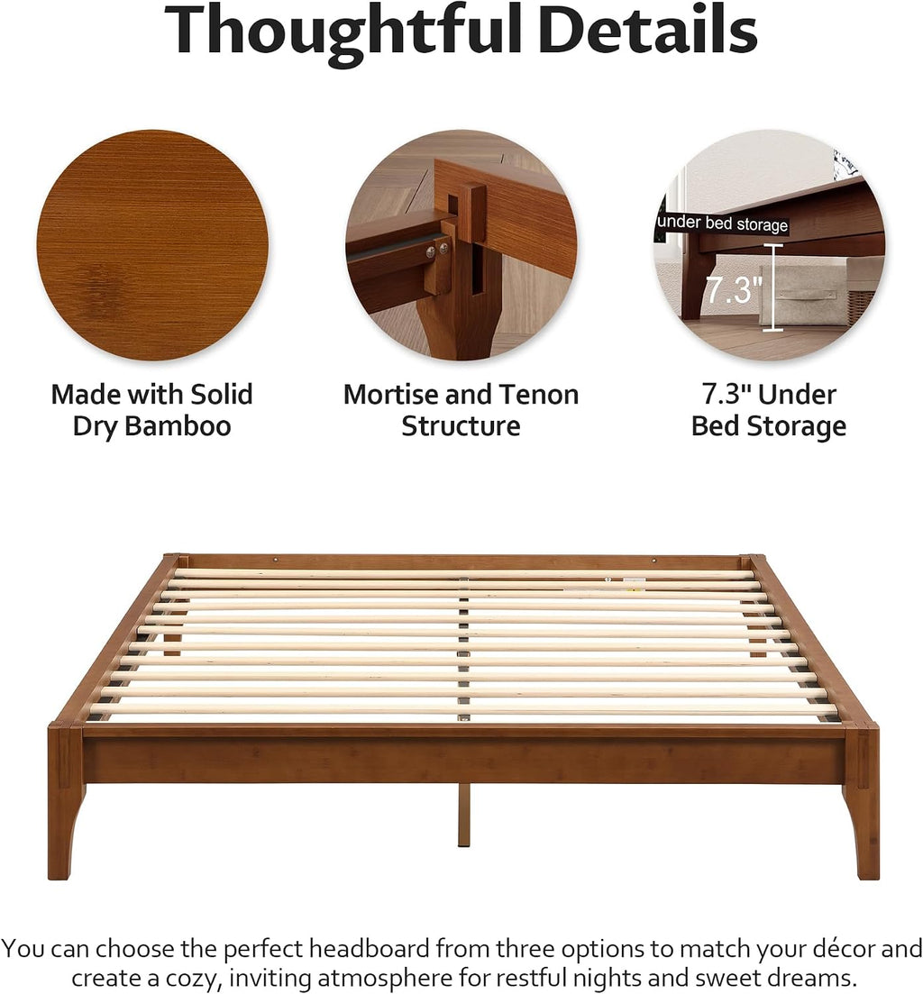 Merax Mid-Century Bamboo Platform Bed, Queen Size Bed Frame with Wood Slat Support, No Box Spring Needed, Easy Tool-Free Assembly, Brown