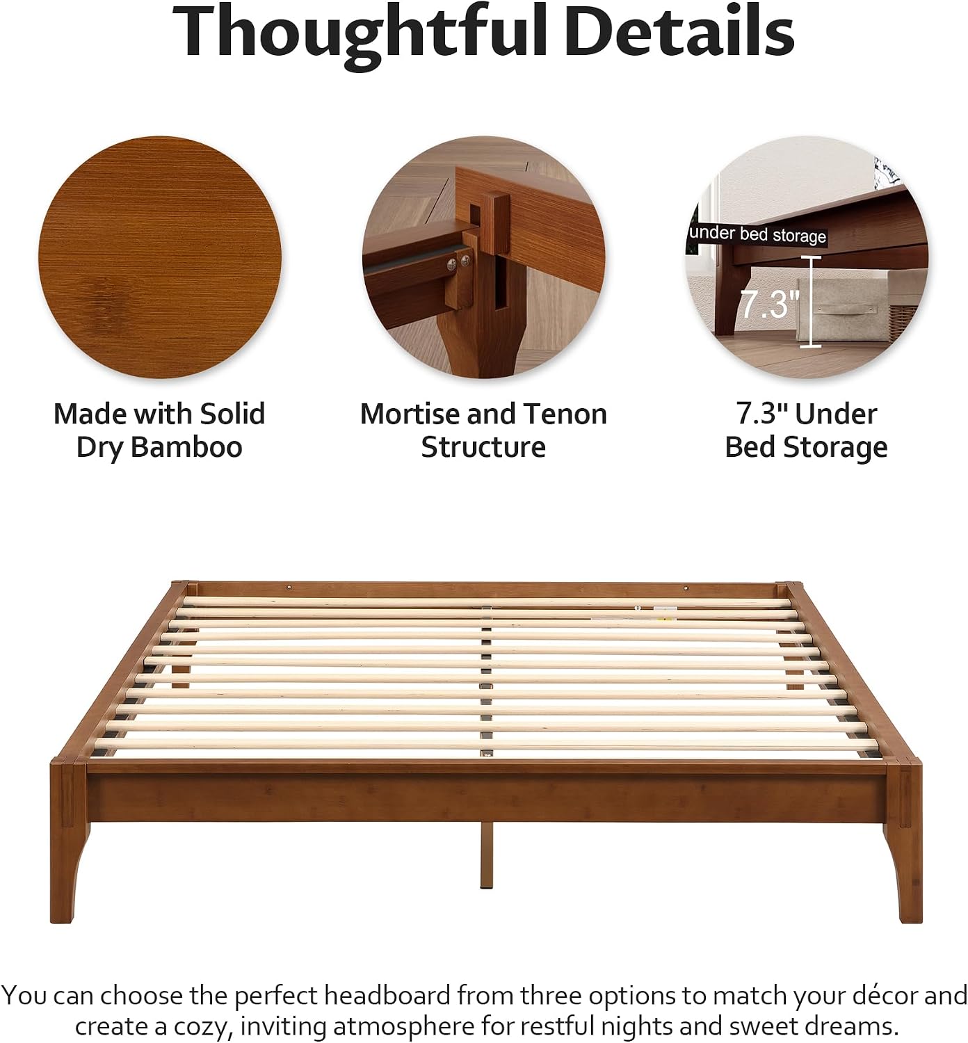 Merax Mid-Century Bamboo Platform Bed, Queen Size Bed Frame with Wood Slat Support, No Box Spring Needed, Easy Tool-Free Assembly, Brown