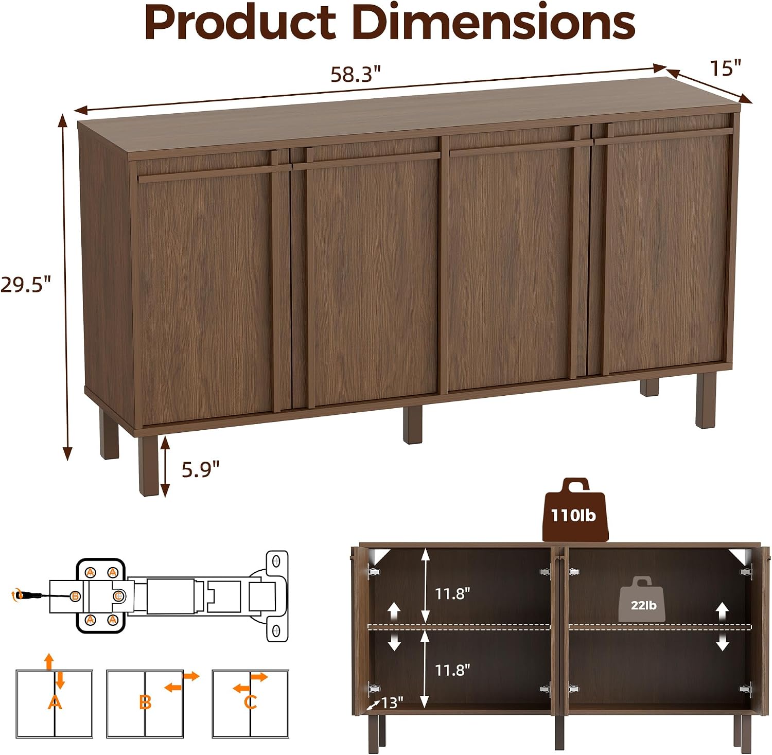 58 inch Sideboard Buffet Cabinet, Modern Credenza with 4 Doors & Adjustable Shelf, Large Coffee Bar Storage for Kitchen, Entryway
