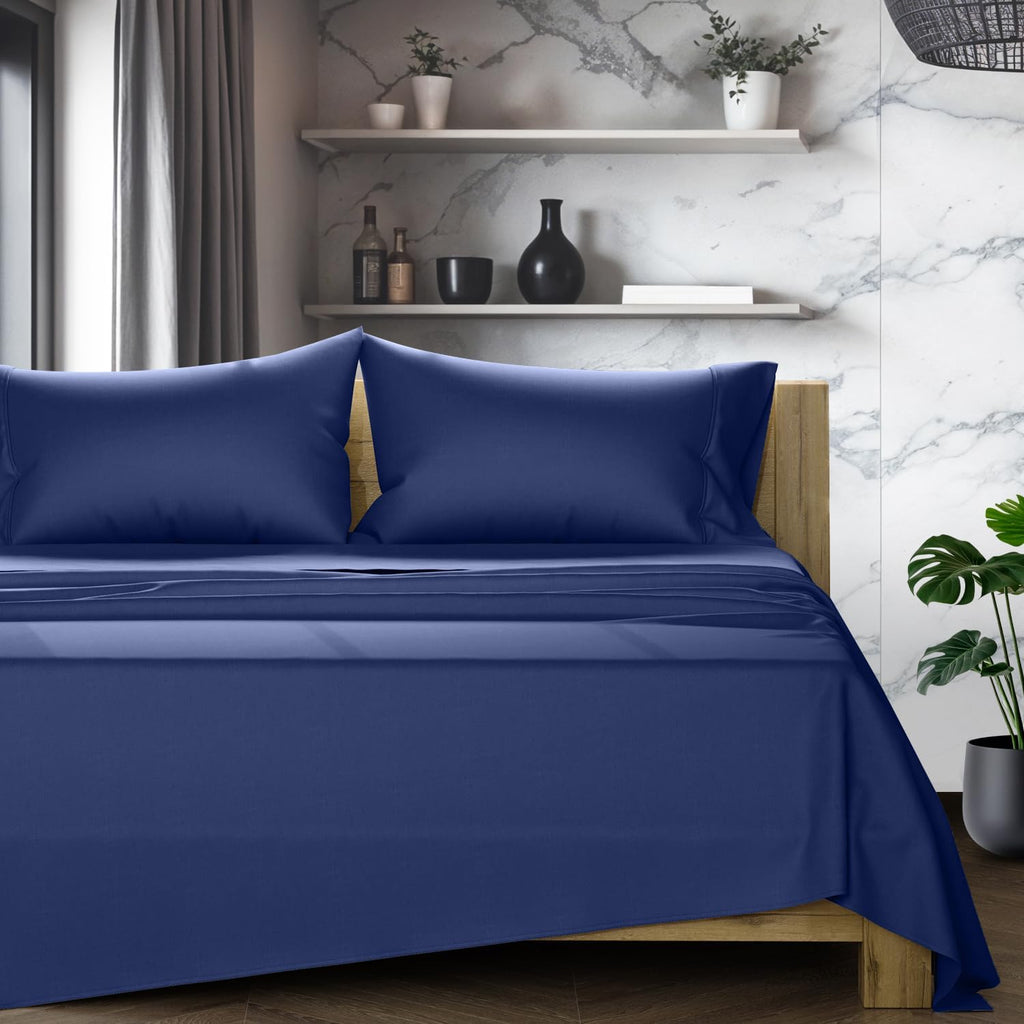 TEXAS LINEN CO. 100% Egyptian Cotton Queen Sheets Set - Luxury 1200 Series Star Sleepin' Collection Egyptian Cotton Sheets Queen Size (4 PC, Navy Blue), 17' Deep Pocket, Cooling Sateen Hotel Bedding