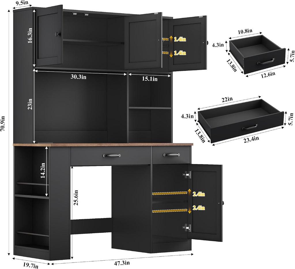 Keyluv 71' Tall Computer Desk with Hutch Cabinet, Home Office Desk with Storage Drawers Shelves and Side Rack, Wood Executive Desk with Doors, Outlet Station and Smart LED Lights, Black