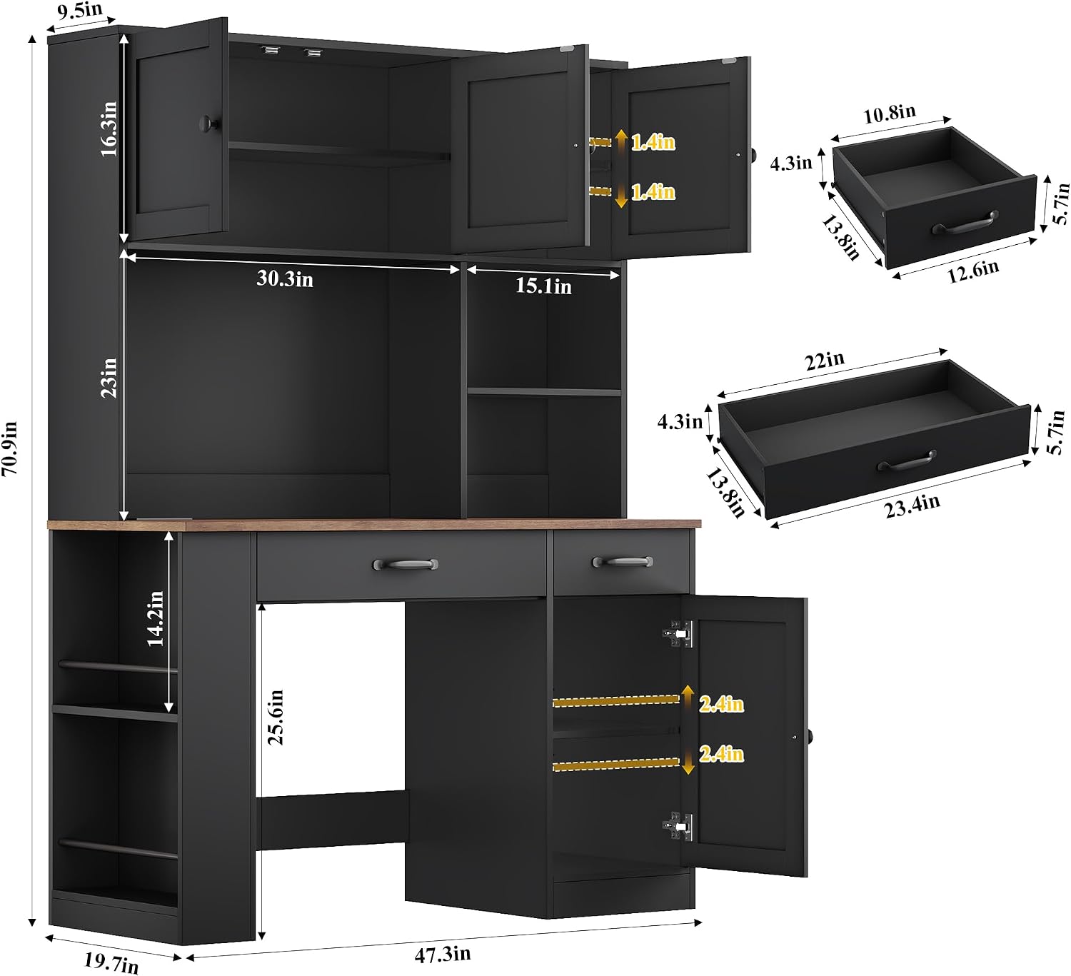 Keyluv 71' Tall Computer Desk with Hutch Cabinet, Home Office Desk with Storage Drawers Shelves and Side Rack, Wood Executive Desk with Doors, Outlet Station and Smart LED Lights, Black