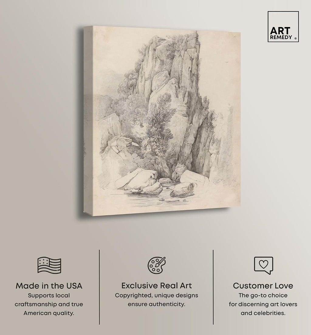 Art Remedy Rock Cliffs above a Stream 1818 Canvas Classic Sketches, Gallery Wrapped, 20' x 24'