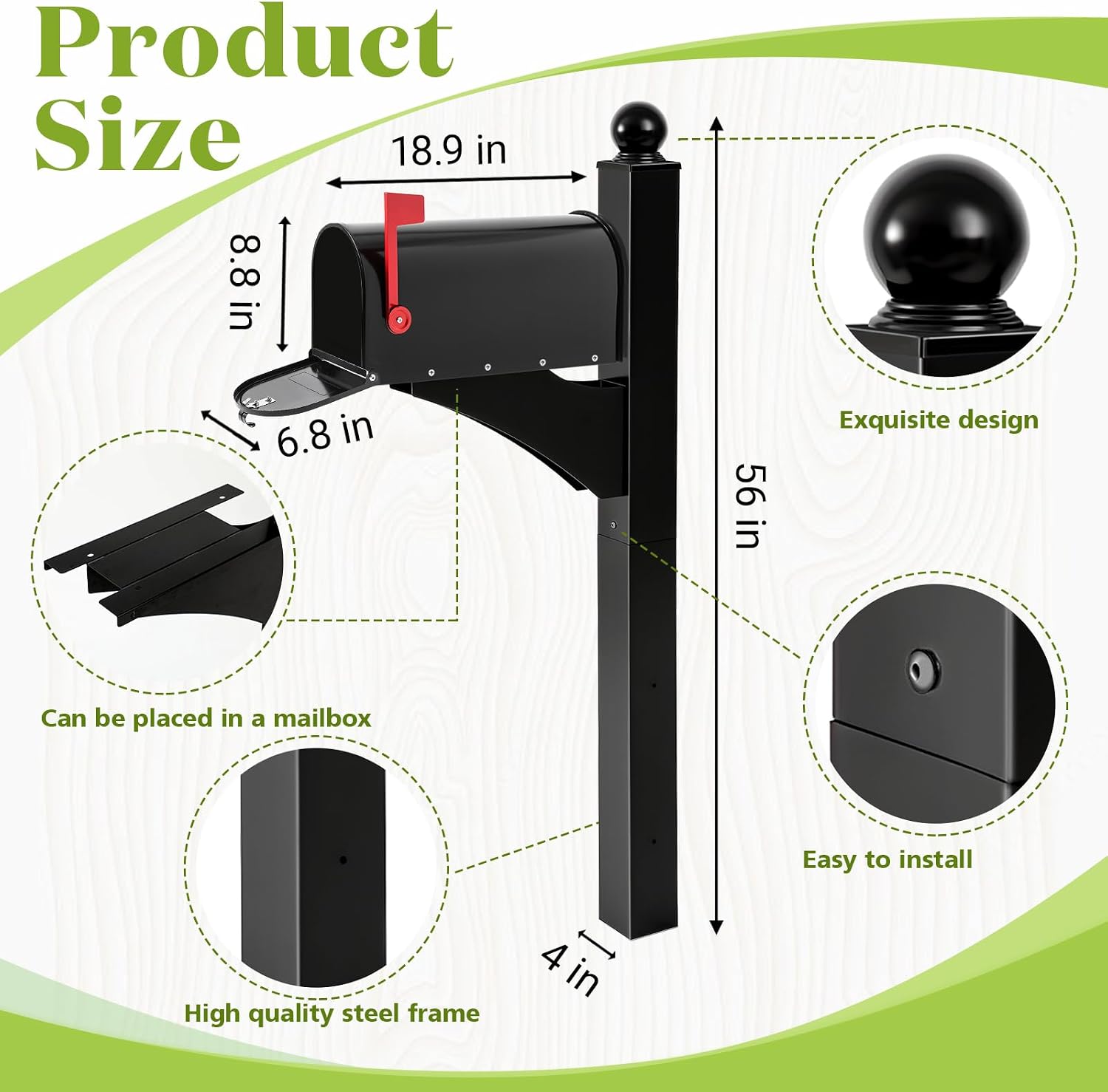 Colingmill Black 1 Set Iron Mailbox Posts with Mailbox for Outside Ground Mounting Post 56 Inch Tall Heavy Duty Architectural Stand with 8 Screws for Outdoor Use