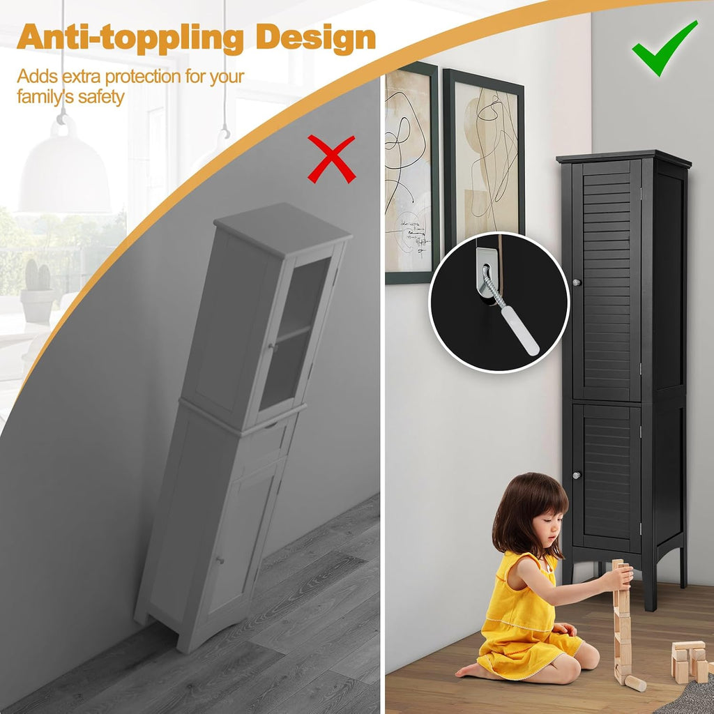 COSTWAY Tall Bathroom Storage Cabinet, 5-Tier Freestanding Linen Tower Cabinet with 2 Doors, Wooden Side Storage Organizer, Narrow Slim Floor Cabinet for Bathroom, Living Room, Kitchen (Black)