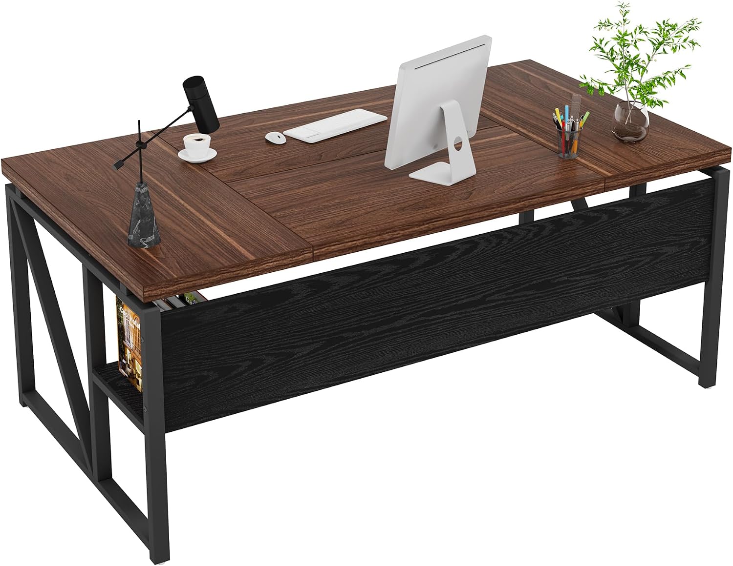 Tribesigns 63 inches Computer Desk with Bottom Storage Shelf Home Office Desk Writing Table for Workstation, Dark Walnut + Steel Leg, Cabinet not Included (Dark Brown, 63-inch-with-Shelf)