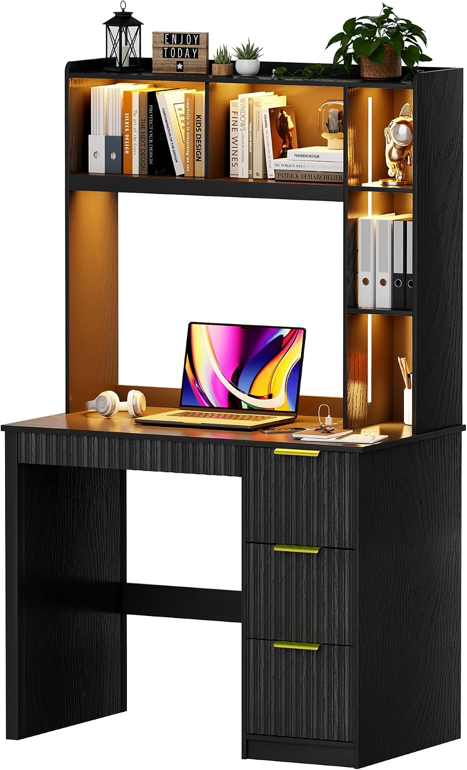 WOOVIVS Home Office Desk with Hutch & LED Lights - 39' Computer Desk with Charging Station, 3 Large Drawers, Hidden Compartment & Fluted Panel Design,Black Writing Desk for Bedroom, Study