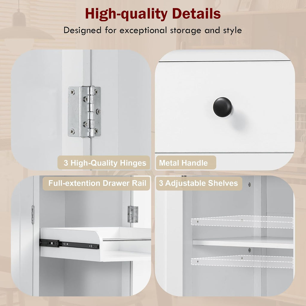 Farmhouse 74.8''H High Freestanding Kitchen Pantry, 53''Lx20''W Wooden Large Cupboard Storage Cabinet with Door Shelves, Adjustable Shelves, Pull-Out Trays and Drawers (White-6ds)