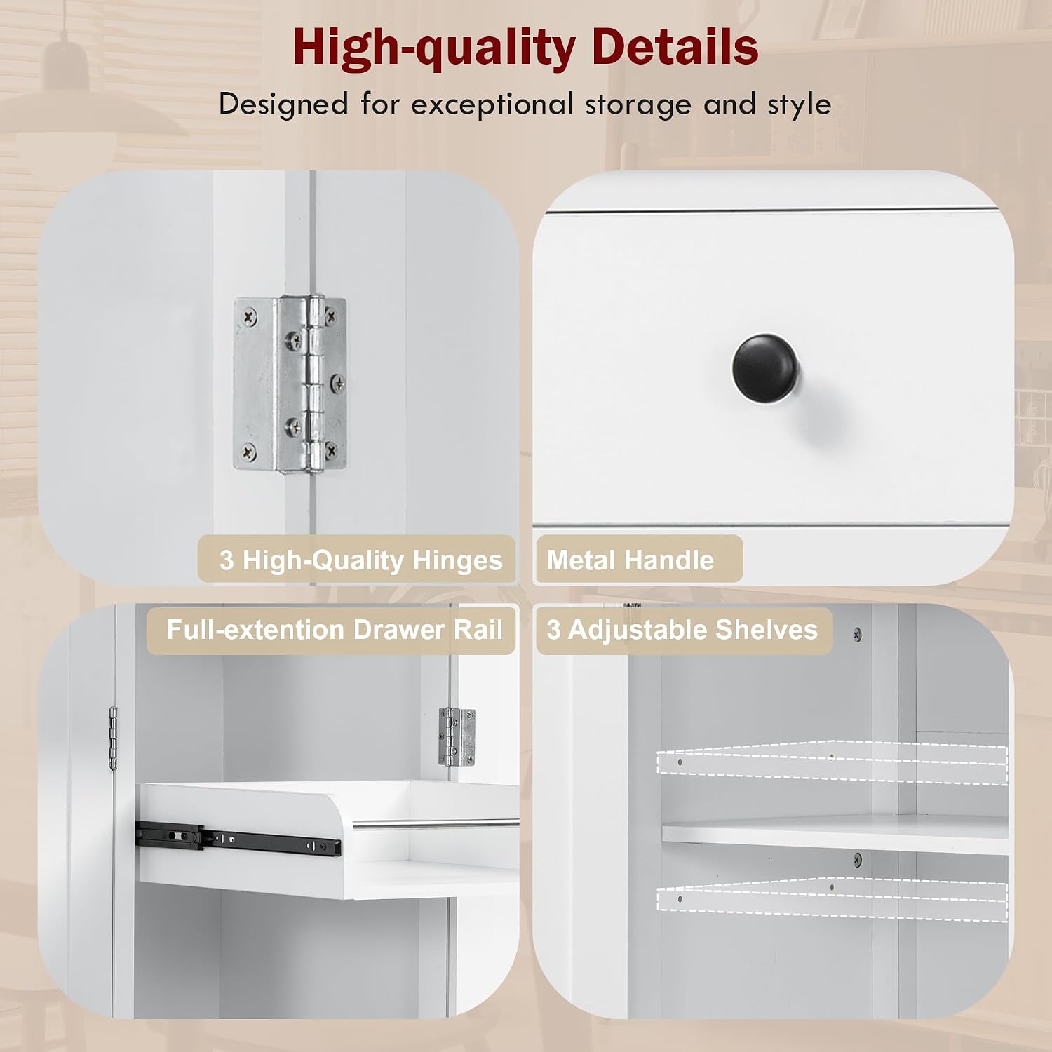 Farmhouse 74.8''H High Freestanding Kitchen Pantry, 53''Lx20''W Wooden Large Cupboard Storage Cabinet with Door Shelves, Adjustable Shelves, Pull-Out Trays and Drawers (White-6ds)