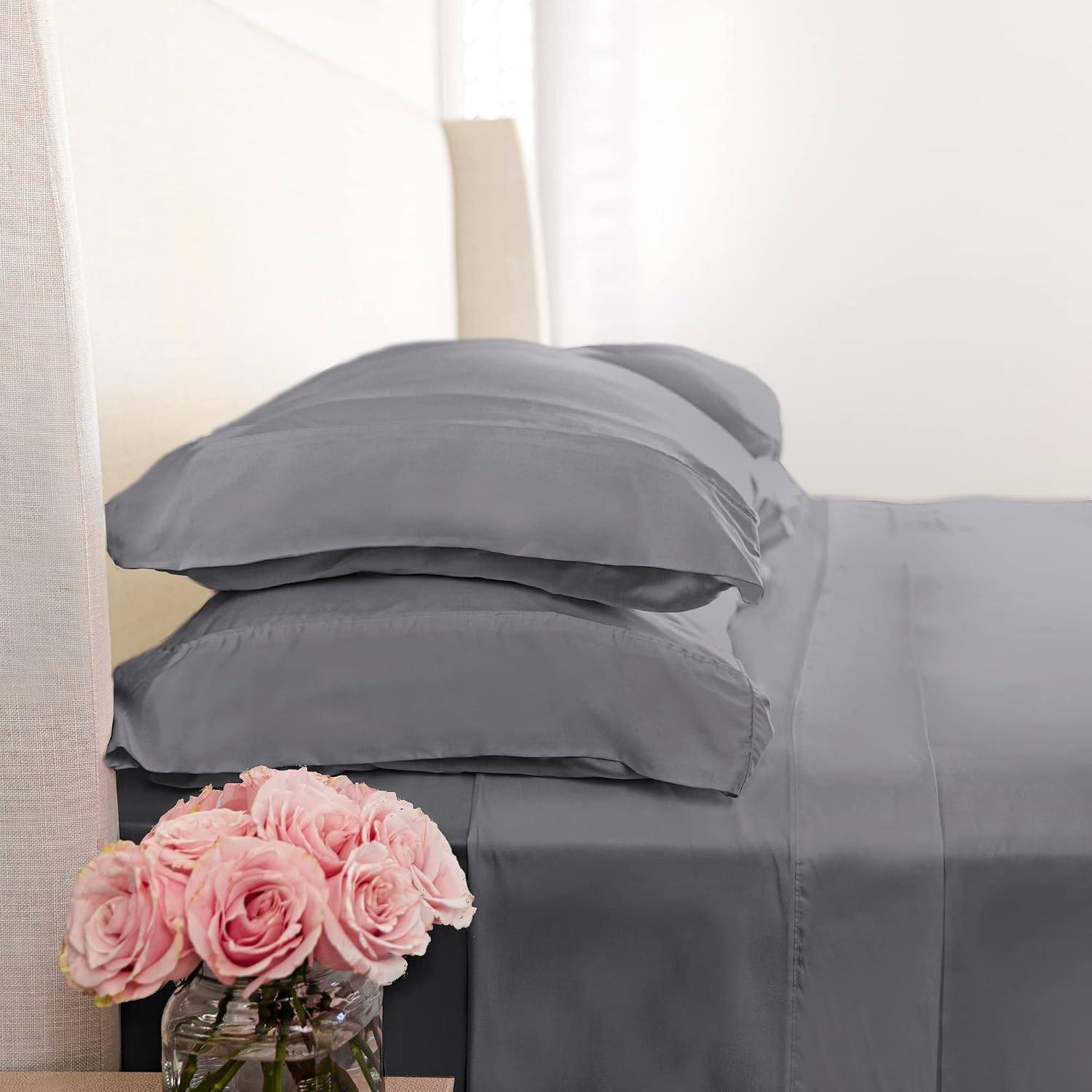 KICKEE Sheet Set, 100% Viscose from Bamboo, Sateen Weave, Silky Soft Bedding for Heavenly Comfort, Best 300 Thread Count (Grey Feather, CA King)