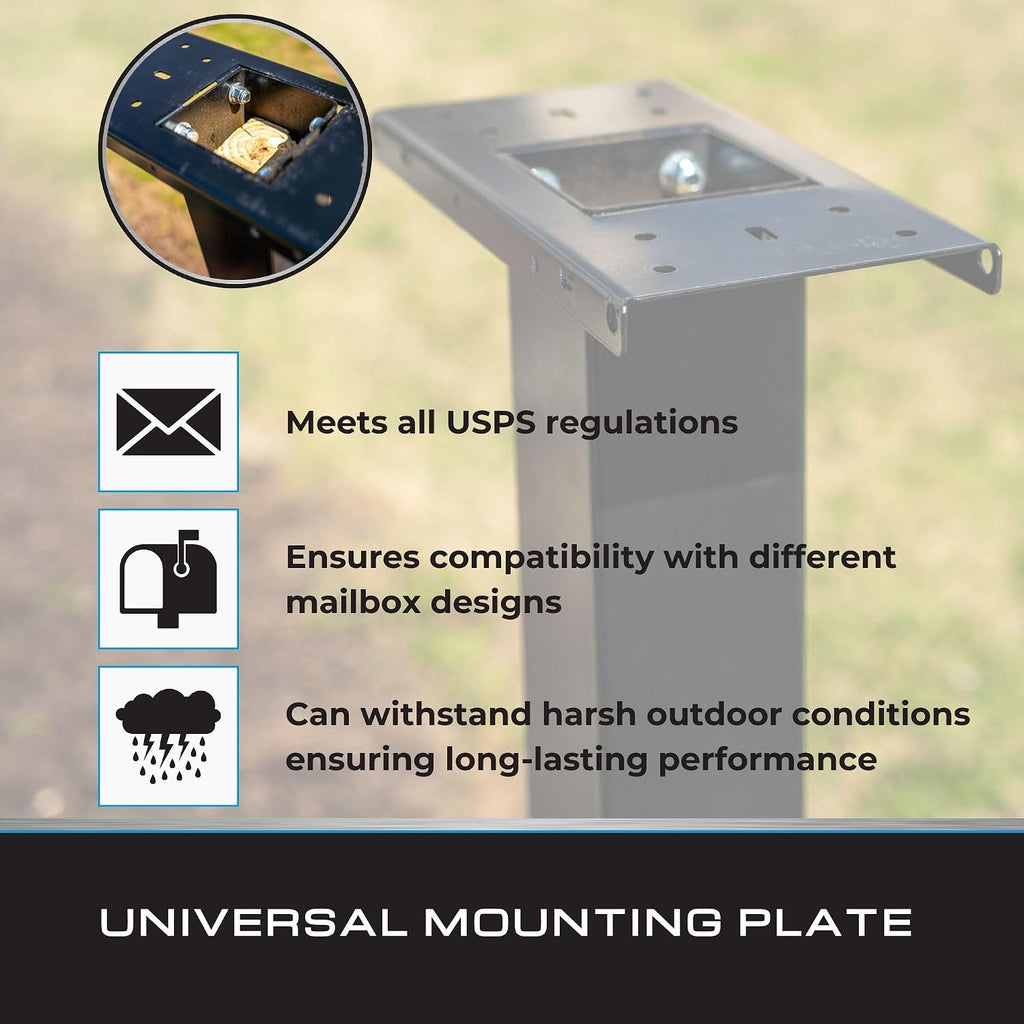 Tie Down Mailbox Post and Mount | Galvanized Powder-Coated Steel Post and Universal Mounting Plate for Mailbox | Black