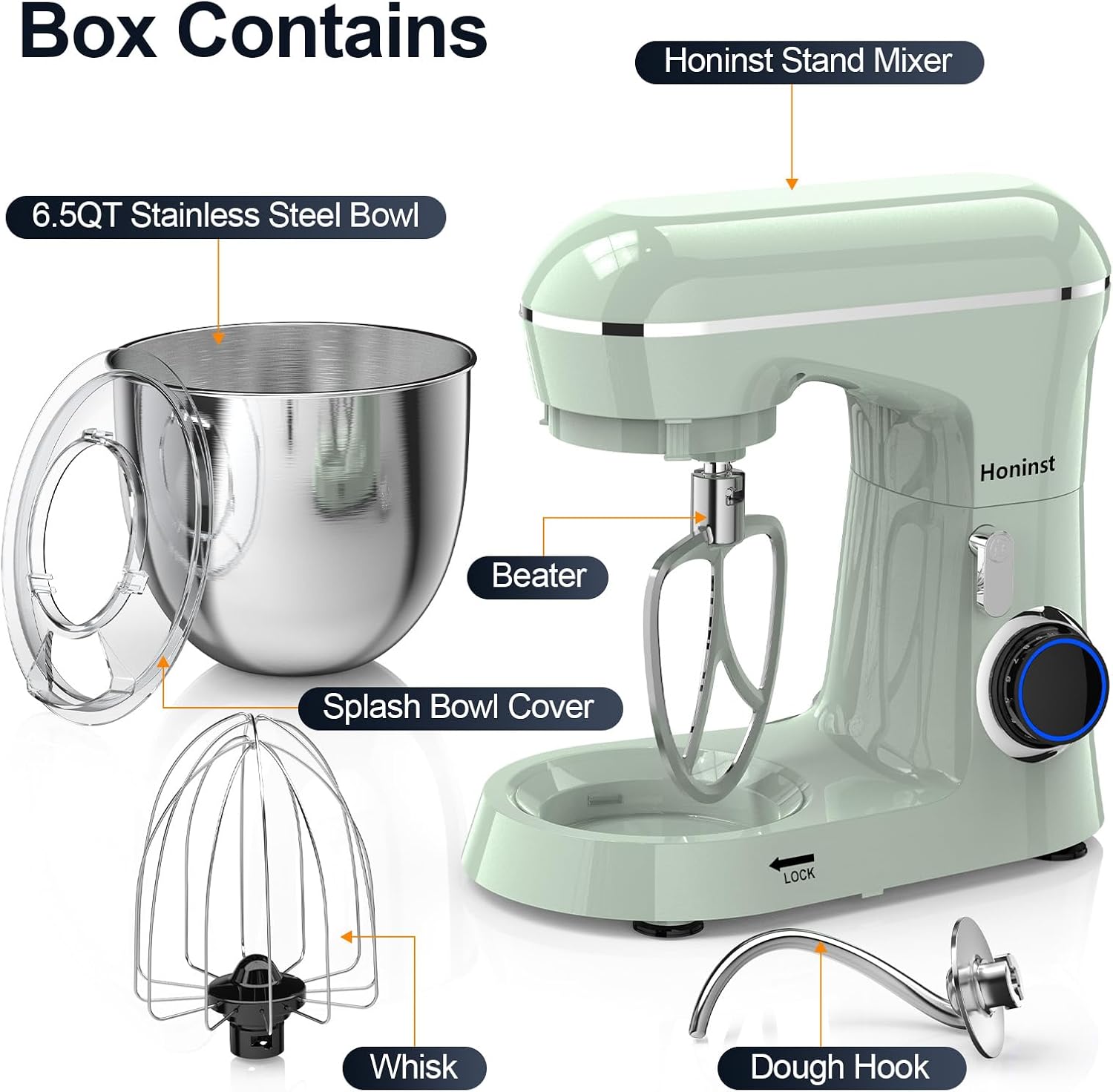 Honinst Stand Mixer, 6.5QT 10-Speed Tilt-Head Electric Stand Mixer, 3-In-1 Kitchen Mixer with Bowl, Dough Hook, Whisk and Beater, Food Mixer for Baking, Cake and Most Home Cooks, Green
