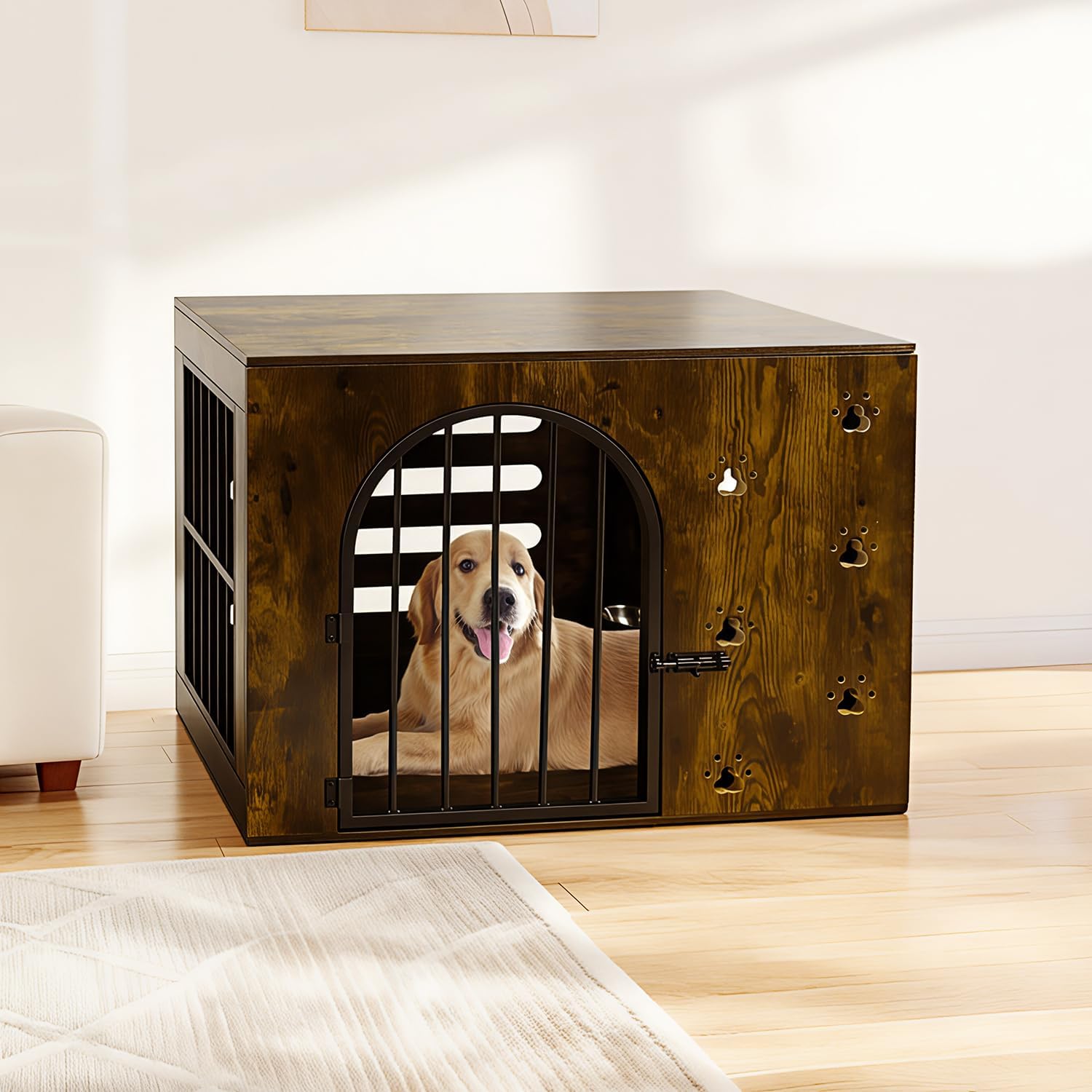 Dog Crate Furniture for Small Medium Dogs, Heavy Duty Wood Metal Indoor Dog Kennel with Bowls, Decorative Pet Cage Dog House as TV Stand, Brown