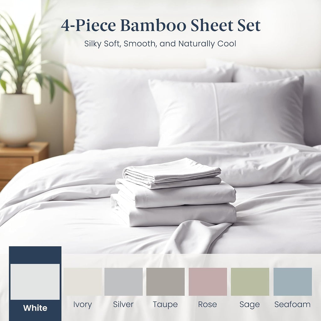 Ella Jayne Viscose Derived from Bamboo Sheets King Size Set (4 Pieces) King Size, Ultra Soft & Luxuriously Cooling, Eco-Friendly King Size Sheets Set Deep Pockets 16 Inch (White)