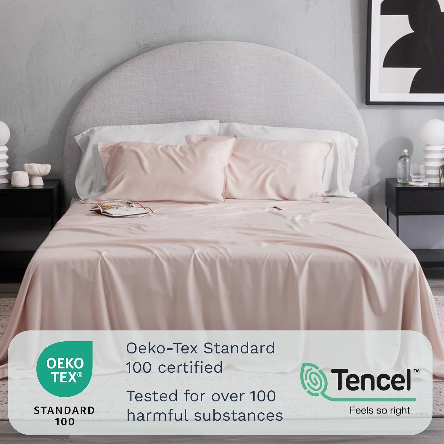 Olive + Crate Tencel Lyocell Eucalyptus Queen Size Sheet Set - Cooling Tencel Sheets for Hot Sleepers with 18 Inch Deep Pocket Fit - Barely Pink 4-Piece Set