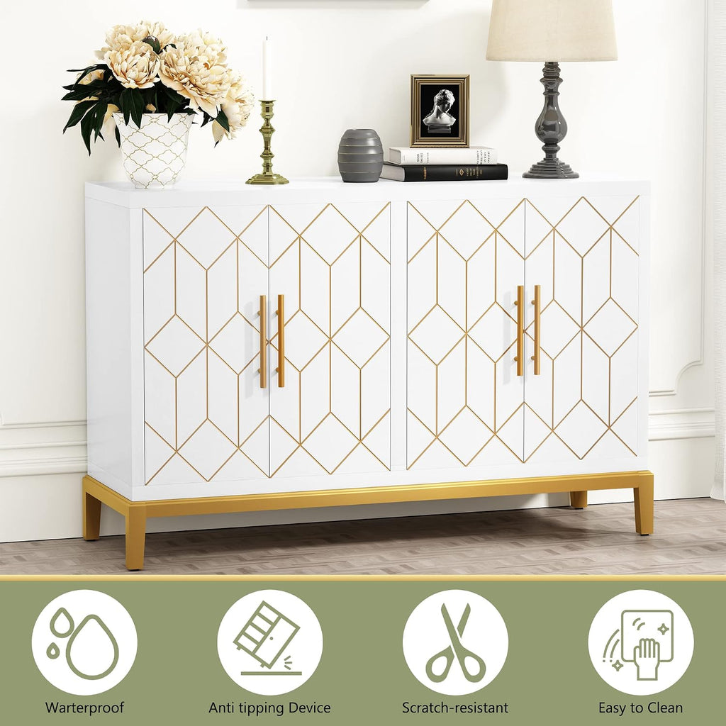 HLR Accent Cabinet with 4 Doors&Shelves, Sideboard Buffet Cabinet with Gold Trim, Modern White Storage for Living Room, Entryway, Kitchen, Dining Room, Hallway