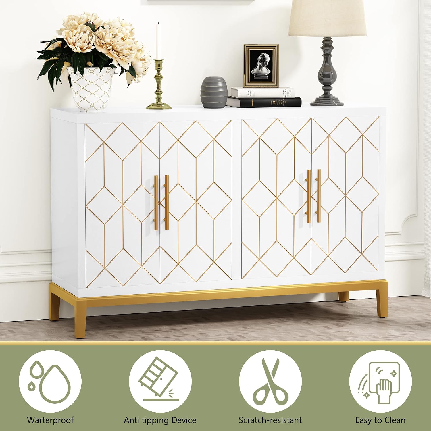 HLR Accent Cabinet with 4 Doors&Shelves, Sideboard Buffet Cabinet with Gold Trim, Modern White Storage for Living Room, Entryway, Kitchen, Dining Room, Hallway