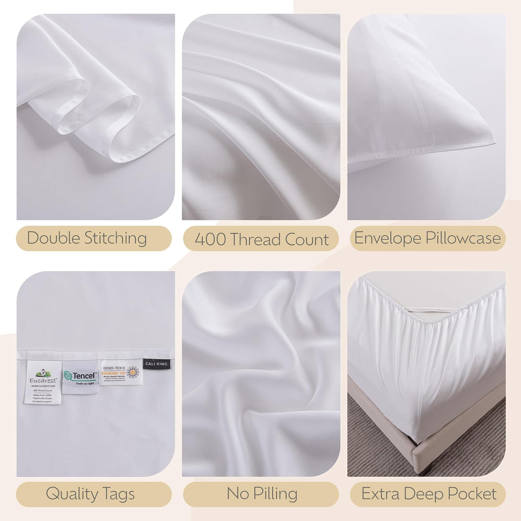 100% Eucalyptus Tencel Bed Sheets | California King | Organic | Ultra Soft | Cooling for Hot Sleepers | Hypoallergenic | Thermal Regulating | Deep Pocket | Fits 18' Mattress - White