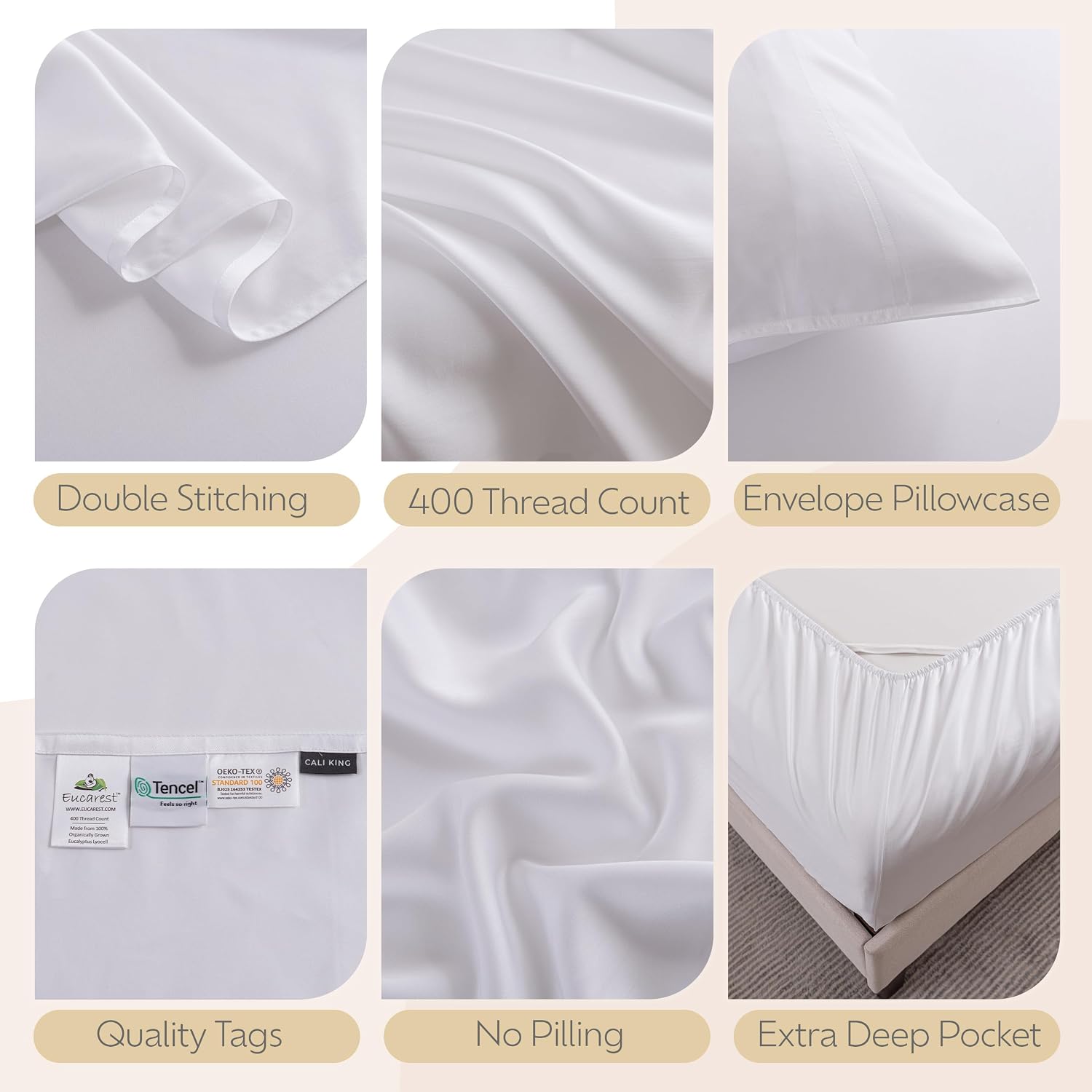 100% Eucalyptus Tencel Bed Sheets | California King | Organic | Ultra Soft | Cooling for Hot Sleepers | Hypoallergenic | Thermal Regulating | Deep Pocket | Fits 18' Mattress - White