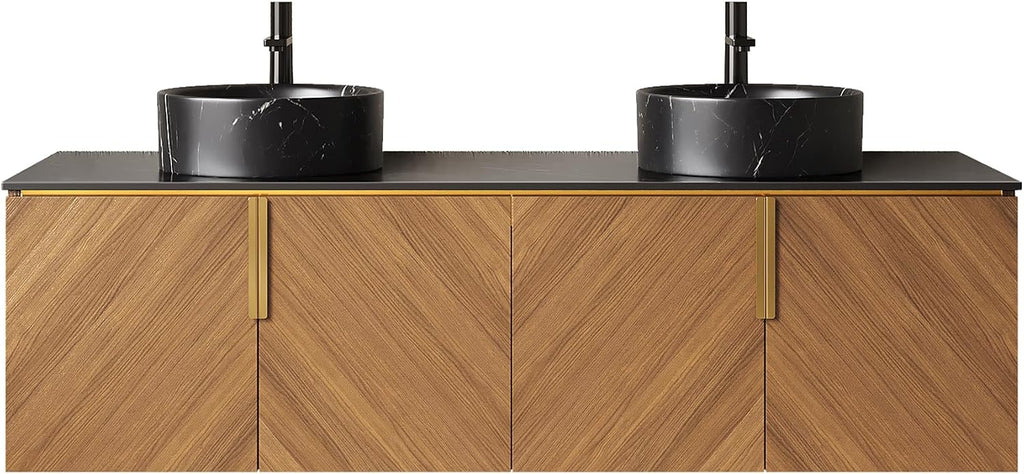 60' Double Sink Bathroom Vanity with Sink Combo, Floating Vanity with Vessel Sink, Wall-Mounted Plywood Bathroom Vanity Storage Cabinet with 4 Doors & 2 Black Round Basin, Brown Oak