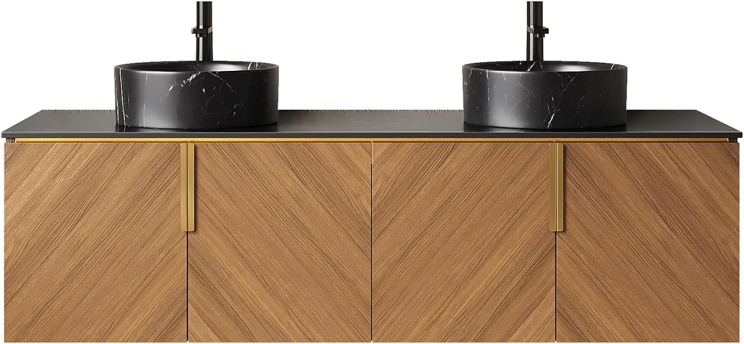 60' Double Sink Bathroom Vanity with Sink Combo, Floating Vanity with Vessel Sink, Wall-Mounted Plywood Bathroom Vanity Storage Cabinet with 4 Doors & 2 Black Round Basin, Brown Oak
