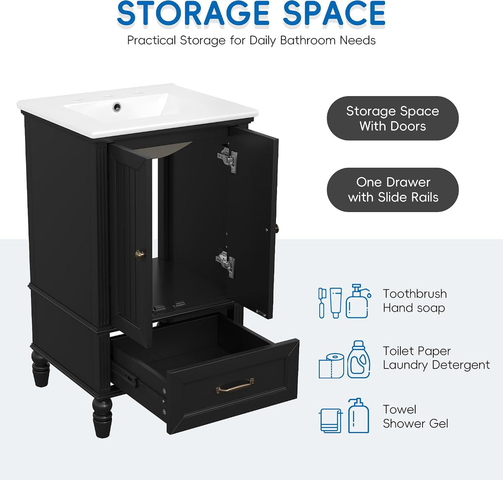 roomfitters 20' Bathroom Vanity with Sink Cabinet with 2 Doors Drawer Adjustable Foot Pads and Magnetic Door Stopper, Black