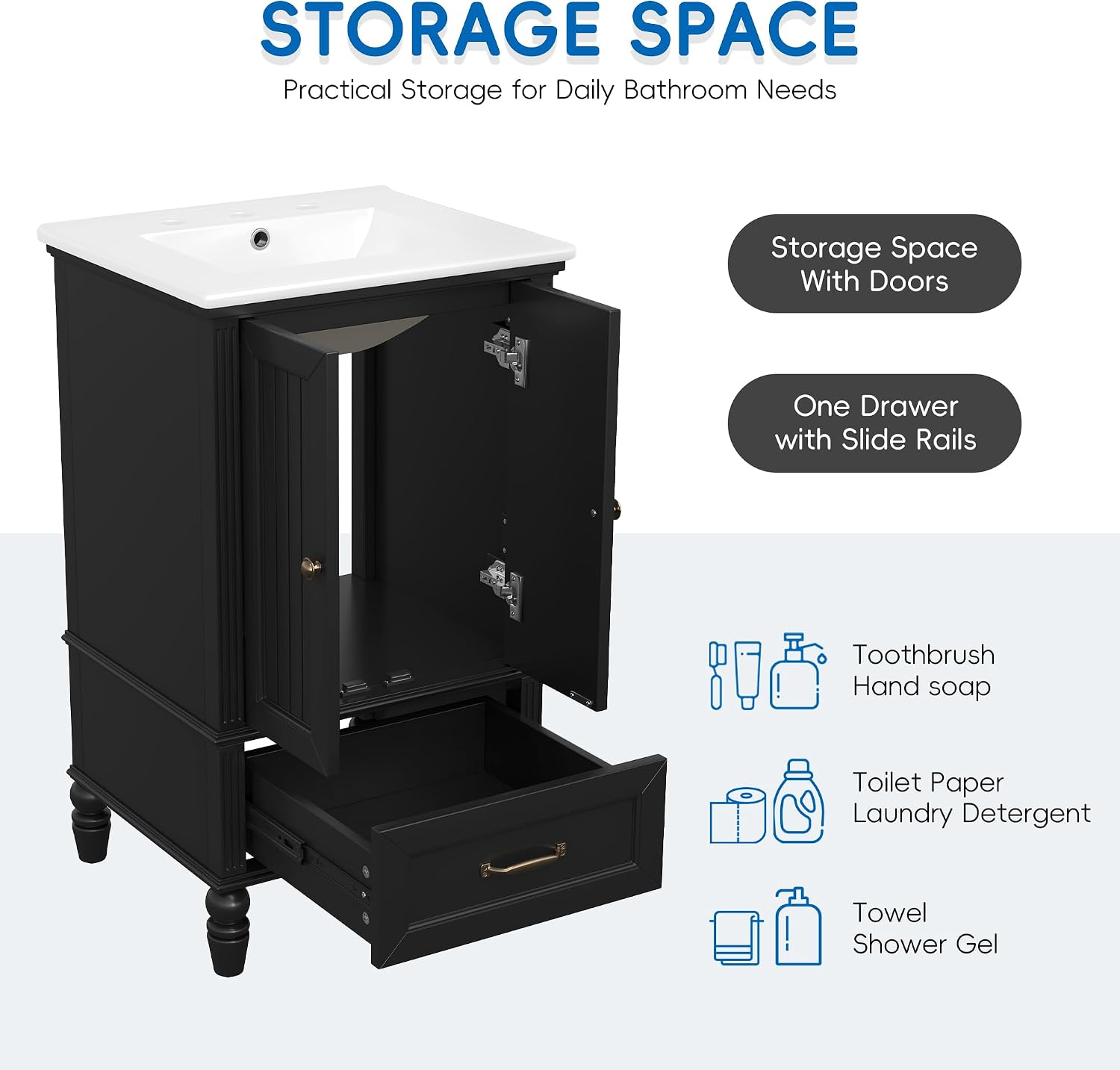 roomfitters 20' Bathroom Vanity with Sink Cabinet with 2 Doors Drawer Adjustable Foot Pads and Magnetic Door Stopper, Black